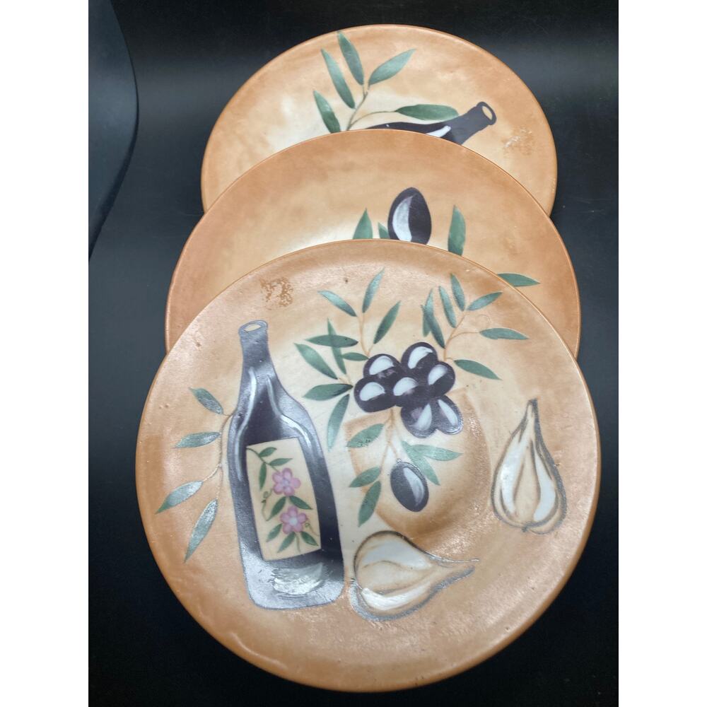 Italian Food 8.5" Plates with Olives, Wine & Garlic Set of 3 Handpainted Italy